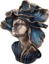 Bronze bust of a woman with flower petals for hair, bronze with blue