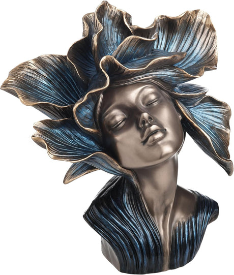 Bronze bust of a woman with flower petals for hair, done in bronze with blue tinges