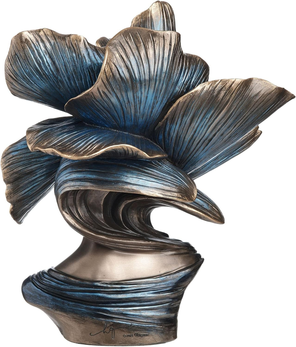 Bronze bust of a woman with flower petals for hair, shown from the back