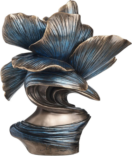 Bronze bust of a woman with flower petals for hair, shown from the back