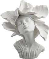 Bronze bust of a woman with flower petals for hair, in white