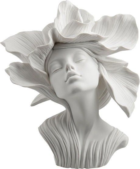 Bronze bust of a woman with flower petals for hair, in white