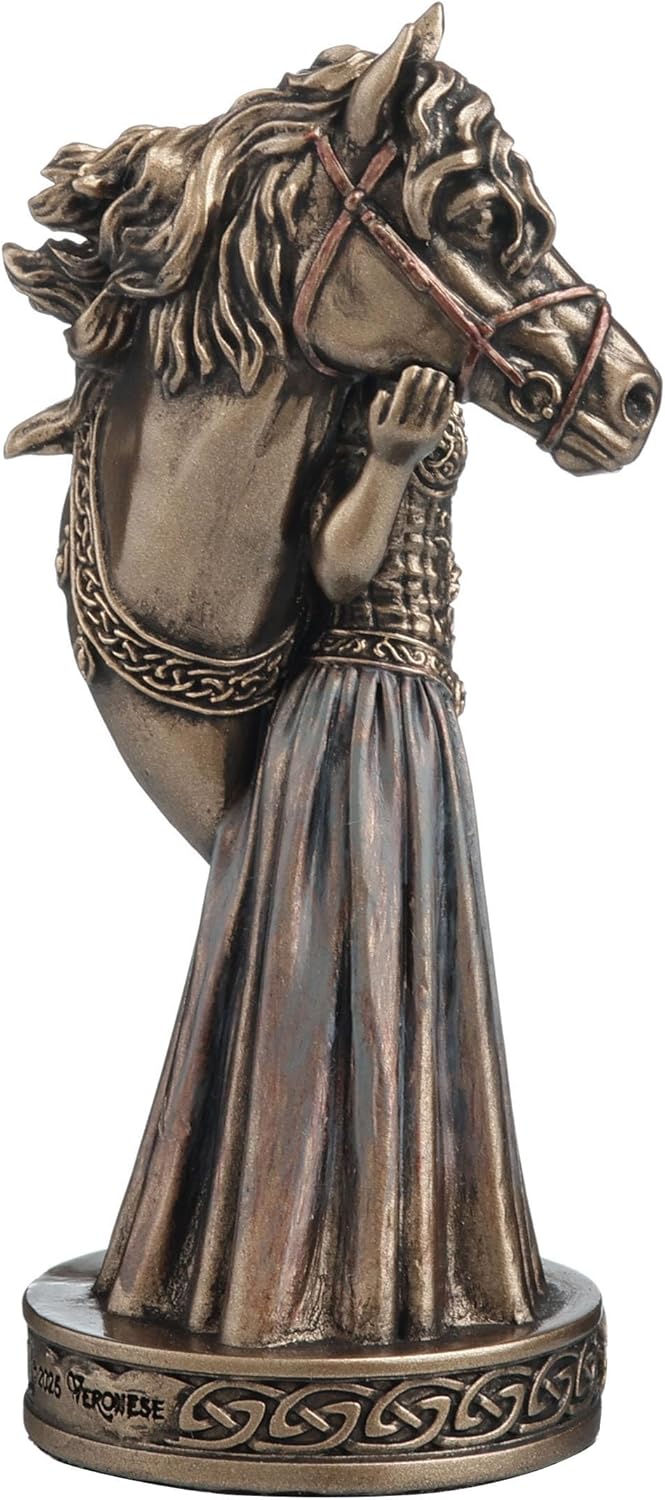 Statue of a goddess holding a horse and cornucopia basket with 'Epona' inscribed