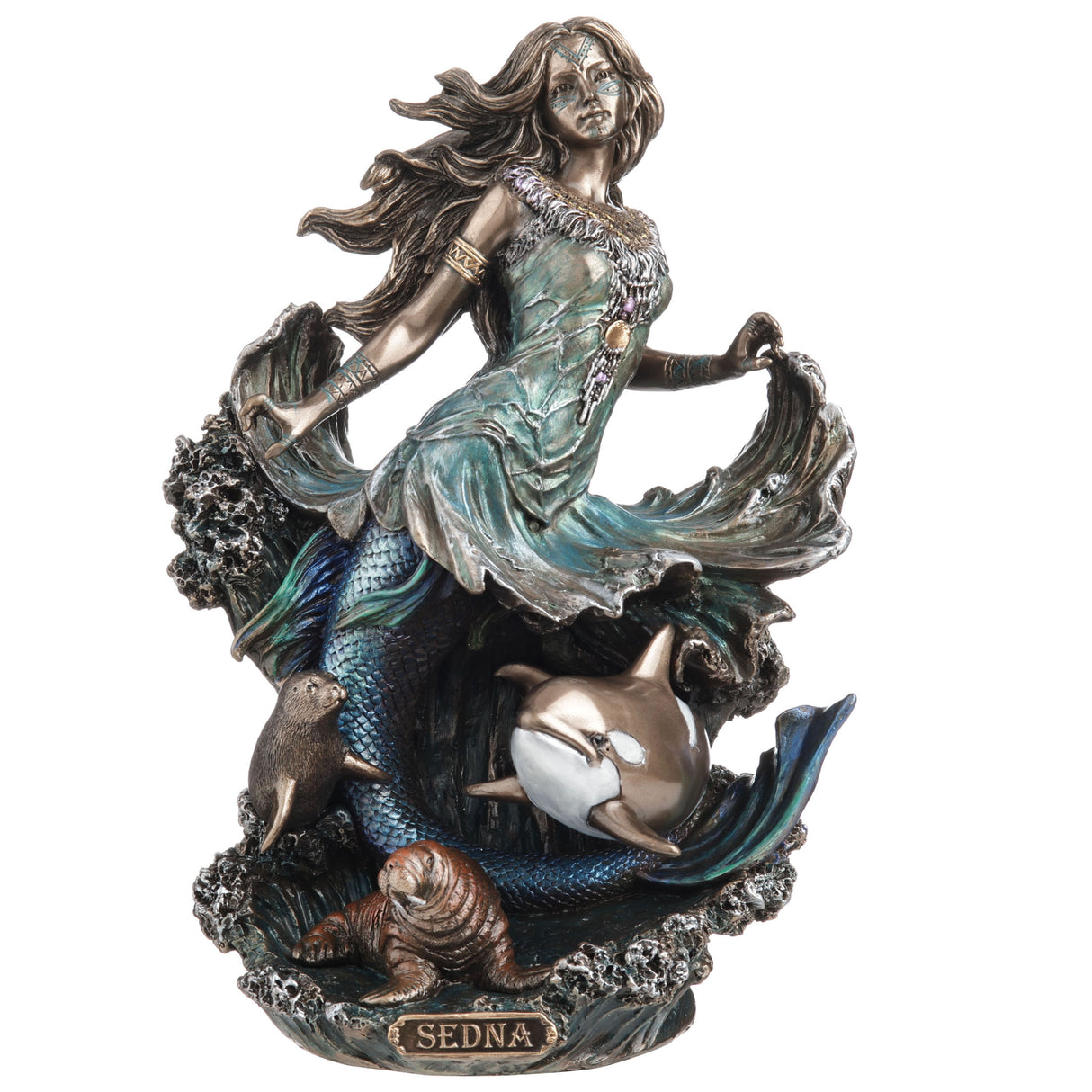 Statue of a mermaid goddess with whale, seal and walrus, and the name 'Sedna' 