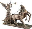 Faux Bronze statue of Greek goddess Nike on chariot pulled by two horses, blowing a trumpet