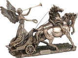 Faux Bronze statue of Greek goddess Nike on chariot pulled by two horses, blowing a trumpet