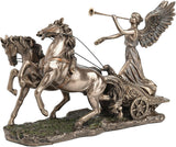 Faux Bronze statue of Greek goddess Nike on chariot pulled by two horses, blowing a trumpet