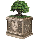Bronze-hued urn with Tree of Life on top. Heart and swallows along the sides