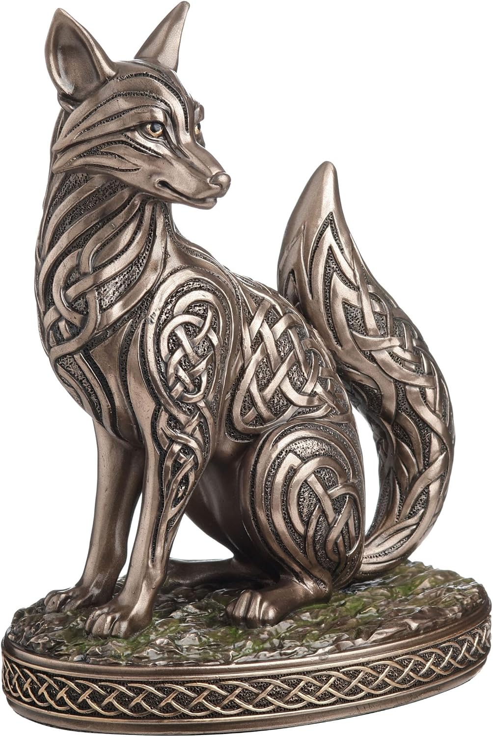 Bronze fox figurine with intricate Celtic knot patterns on a white background