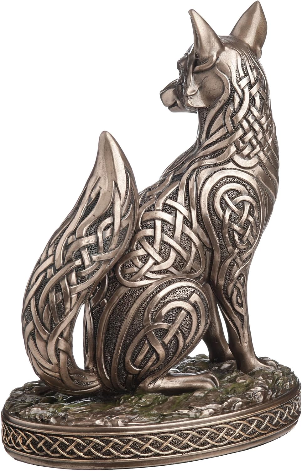 Bronze fox figurine with intricate Celtic knot patterns on a white background