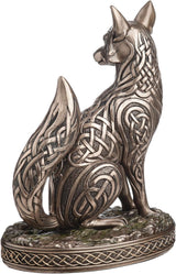 Bronze fox figurine with intricate Celtic knot patterns on a white background