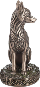 Bronze fox figurine with intricate Celtic knot patterns on a white background