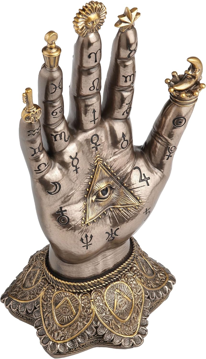 Decorative palm with astrological symbols and a triangle with an eye