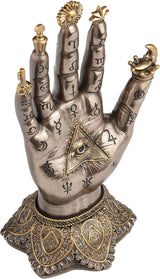 Decorative palm with astrological symbols and a triangle with an eye