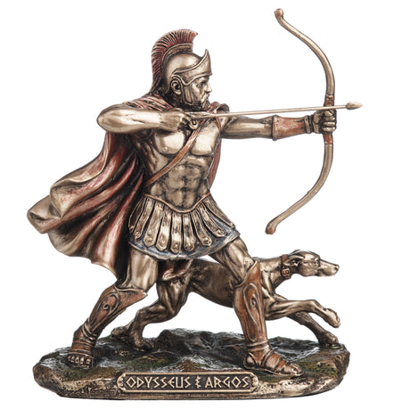 Bronze-hued statue of hero Odysseus drawing his bow, and Argos is dog