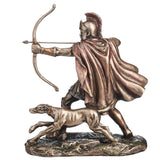 Bronze-hued statue of hero Odysseus drawing his bow, and Argos is dog