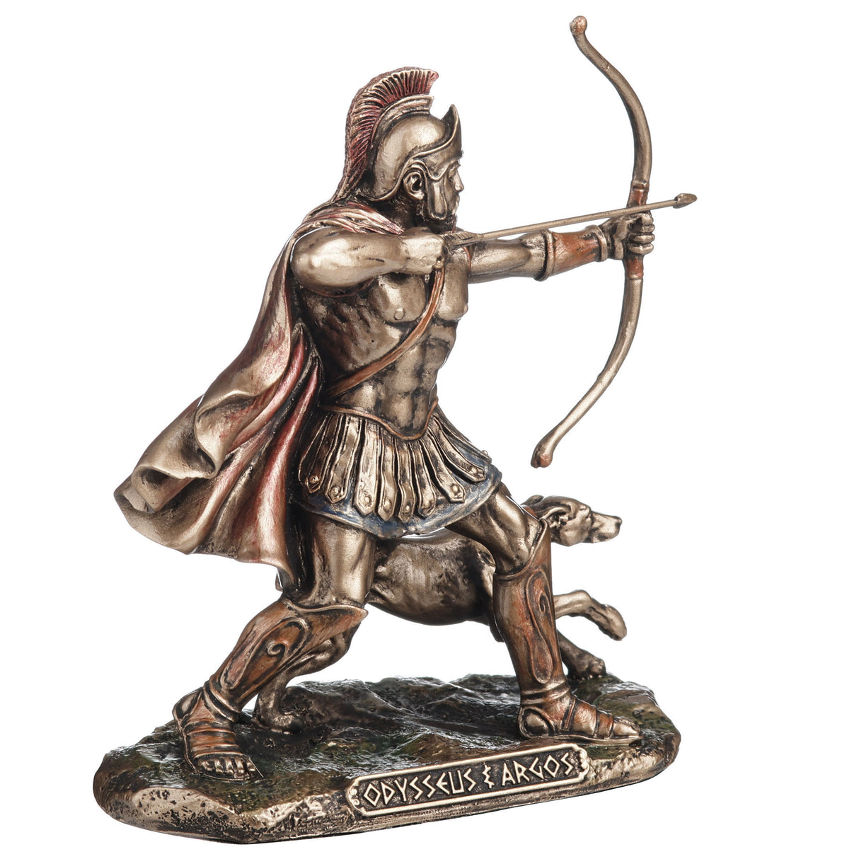 Bronze-hued statue of hero Odysseus drawing his bow, and Argos is dog