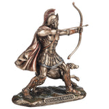 Bronze-hued statue of hero Odysseus drawing his bow, and Argos is dog