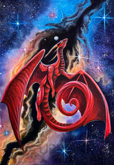 Art print by Carla Morrow, red dragon in front of multicolored galaxy in the night sky, with stars