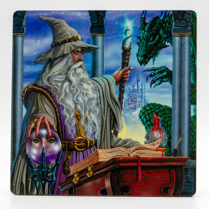 Coaster of wizard in grey with green dragon beyond 