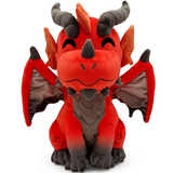 Red dragon plush toy with black horns and wings