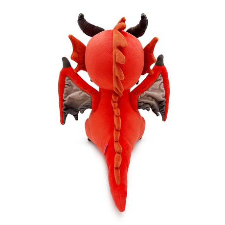 Red dragon plush toy with black horns and wings, shown from the back