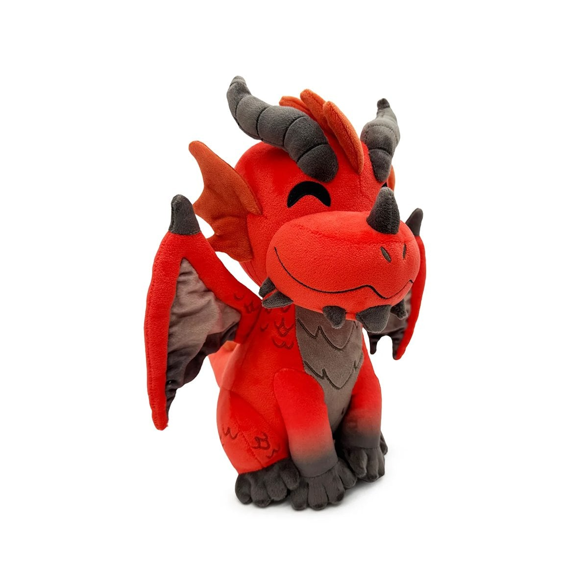 Red dragon plush toy with black horns and wings