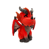 Red dragon plush toy with black horns and wings