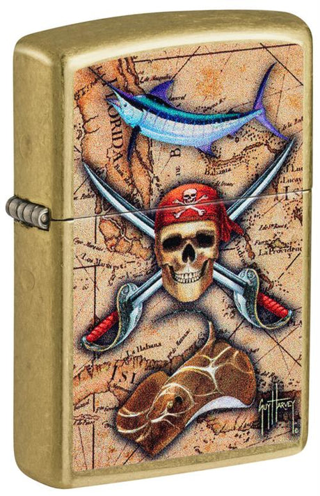 Zippo lighter in gold with skull and crossed swords pirate design