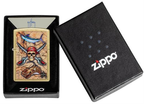 Zippo lighter in gold with skull and crossed swords pirate design