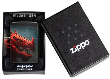 Zippo lighter with red dragon face on black background