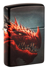 Zippo lighter with red dragon face on black background