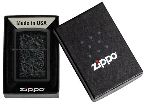 Black matte Zippo lighter with Steampunk gears design