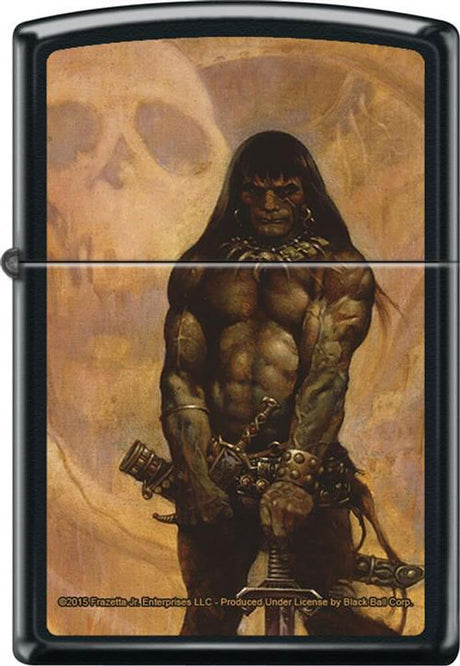 Lighter with a graphic design of a muscular warrior and skull on a brown background
