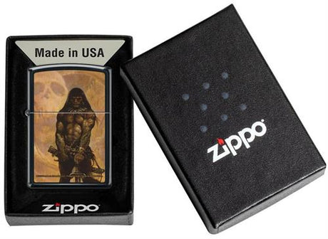 Zippo lighter with a warrior design in a Zippo box on a white background