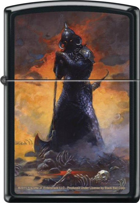 Zippo lighter with a fantasy design of a warrior in armor against a fiery background