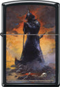 Zippo lighter with a fantasy design of a warrior in armor against a fiery background