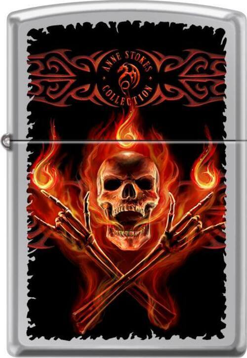 Flame-themed lighter with a skull design and 'Anne Stokes Collection' text on a black background.