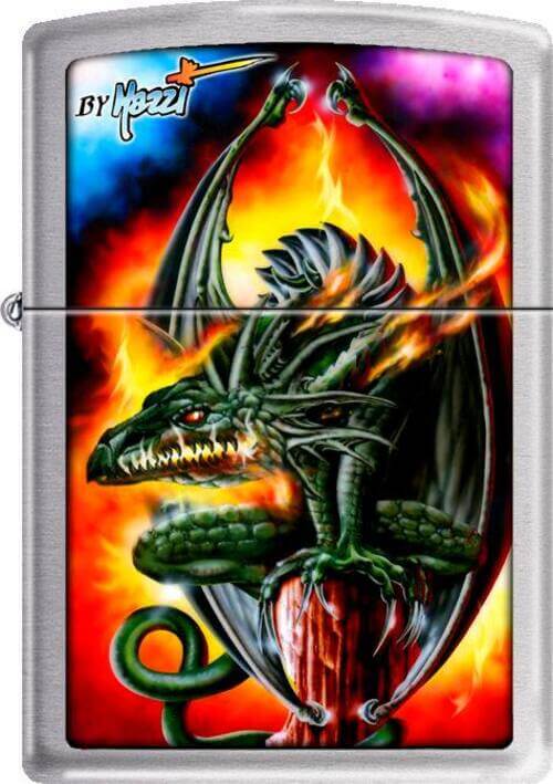 Zippo lighter with a dragon design on a colorful background