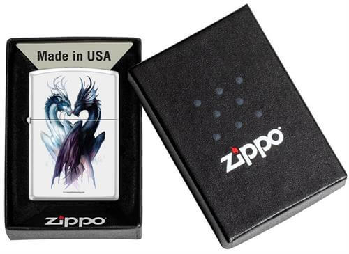 Yin Yang dragons Zippo lighter shown in packaging