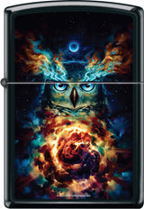 Zippo lighter with an owl design set against a cosmic background