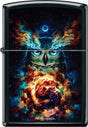 Zippo lighter with an owl design set against a cosmic background