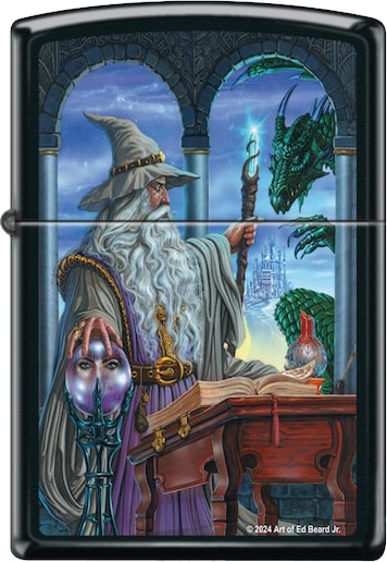 Zippo lighter showing a wizard with crystal ball and staff, with dragon outside