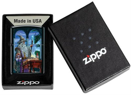 Zippo lighter showing a wizard with crystal ball and staff, with dragon outside. Shown with packaging