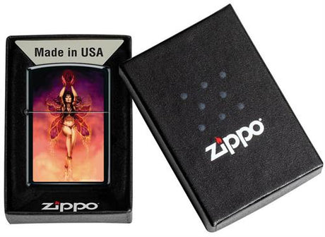 Zippo lighter with fire fairy design, shown in packaging