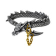 Pewter dragon bracelet with a gold chain on a white background
