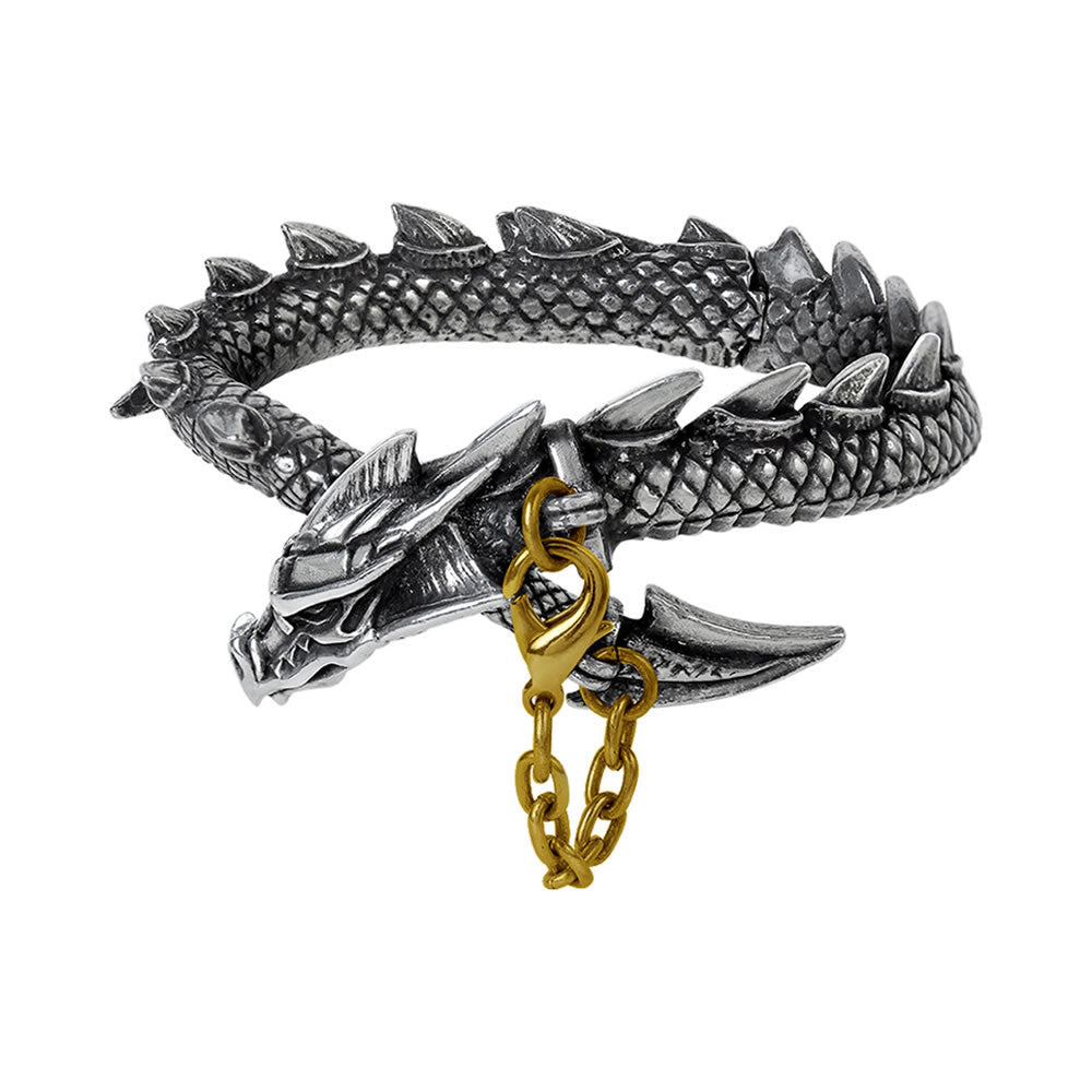 Pewter dragon bracelet with a gold chain on a white background