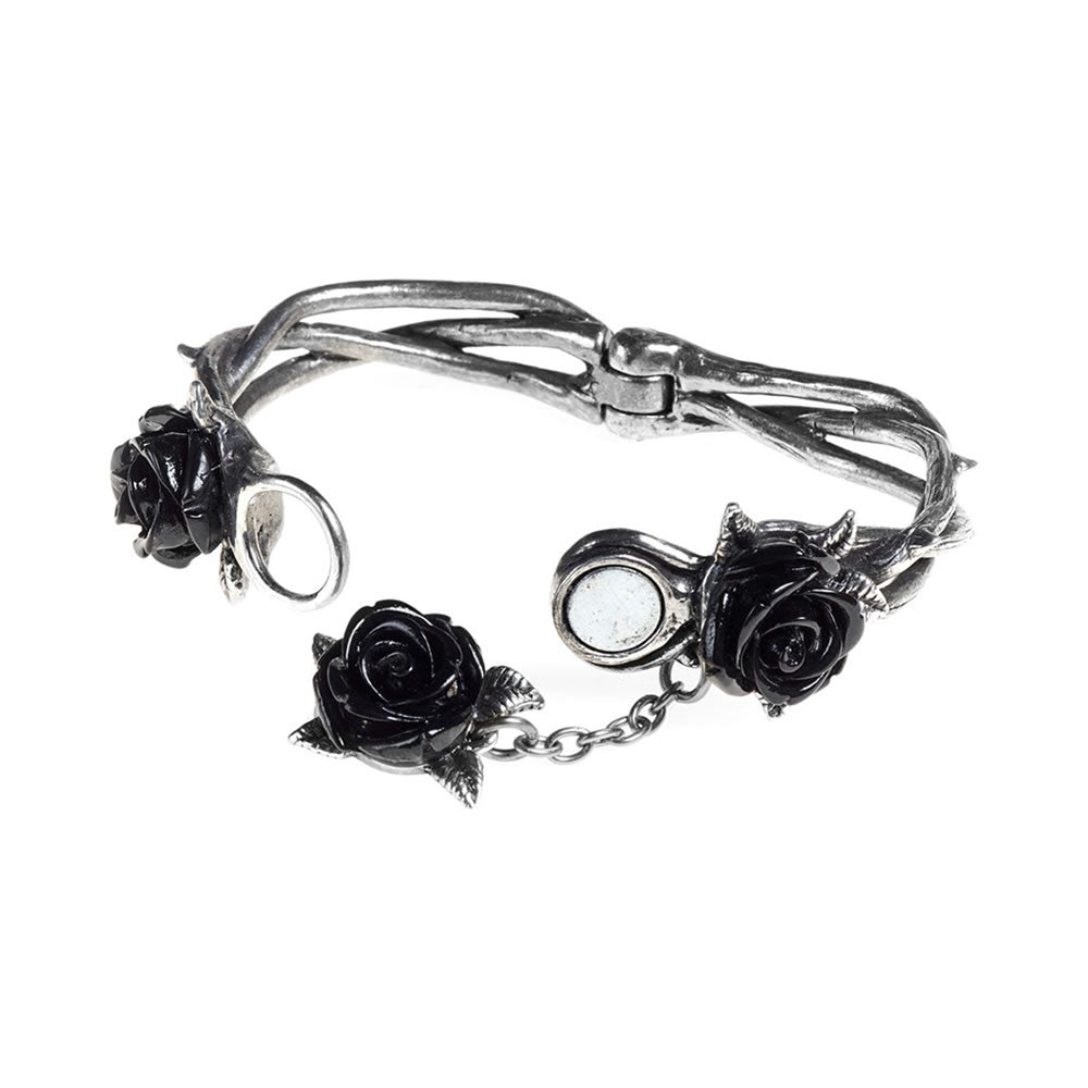 Pewter bracelet with three black resin roses, magnetic clasp