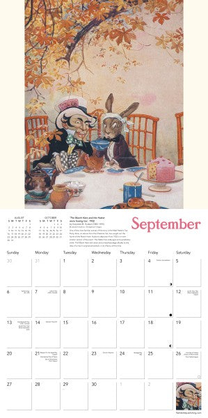 Calendar page for September with a vintage-style illustration of the Mad Hatter's Tea Party