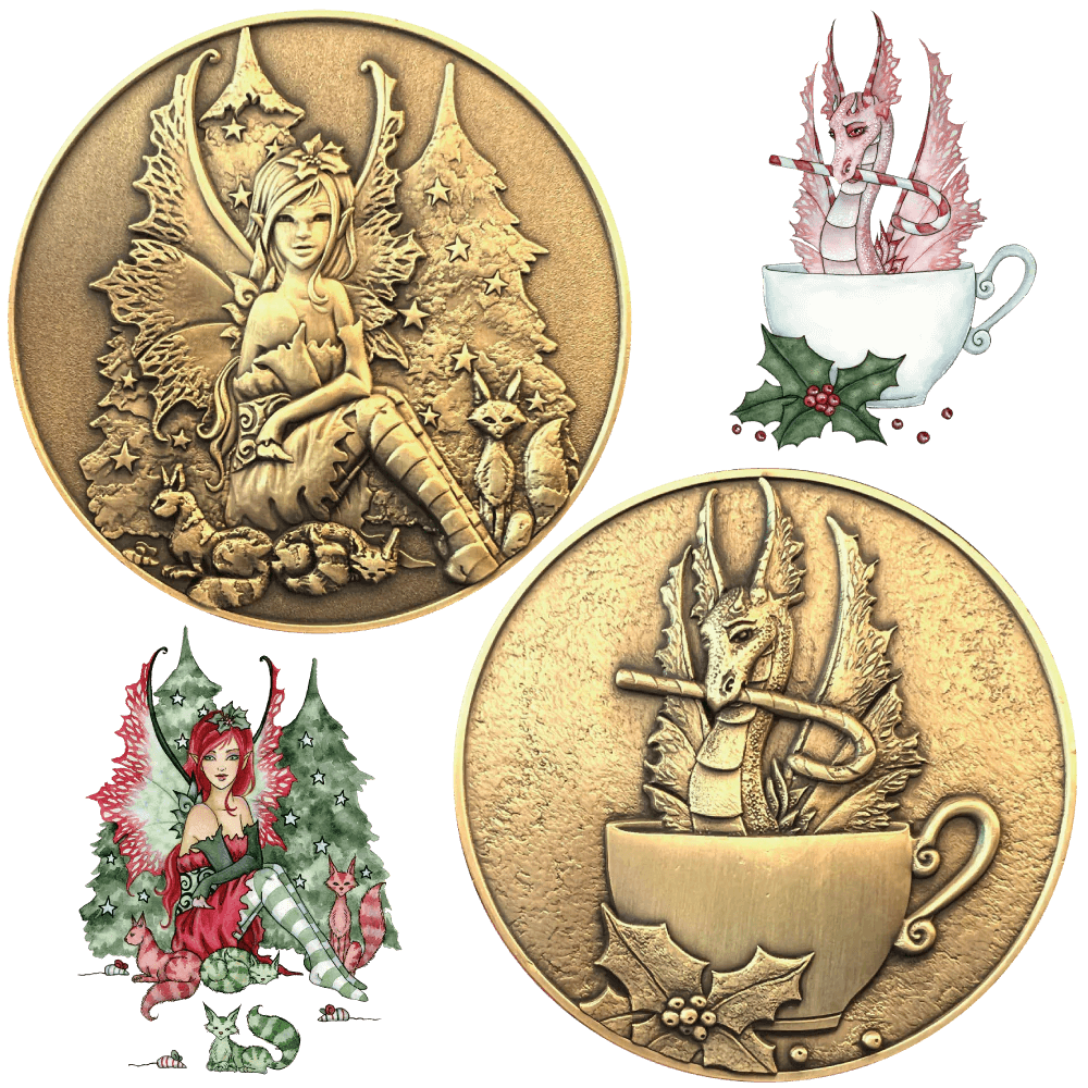 Set of two Amy Brown holiday collectible coins featuring "Christmas Cats" and "Perfectly Peppermint", fairy and dragon on golden metal coins